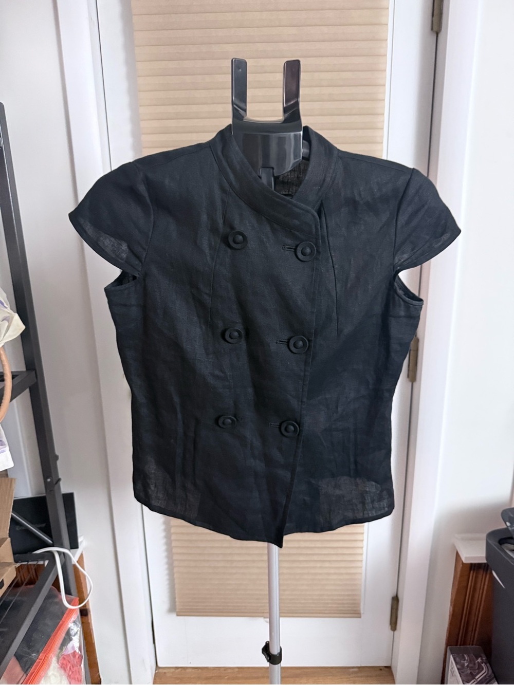 Classic double-breasted cap-sleeve 100% linen top black lightweight semi sheer